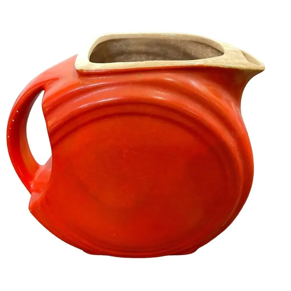 Vintage Disc Pitcher Orange Red Art Deco Poppy Crazing Unmarked 1930s USA READ
